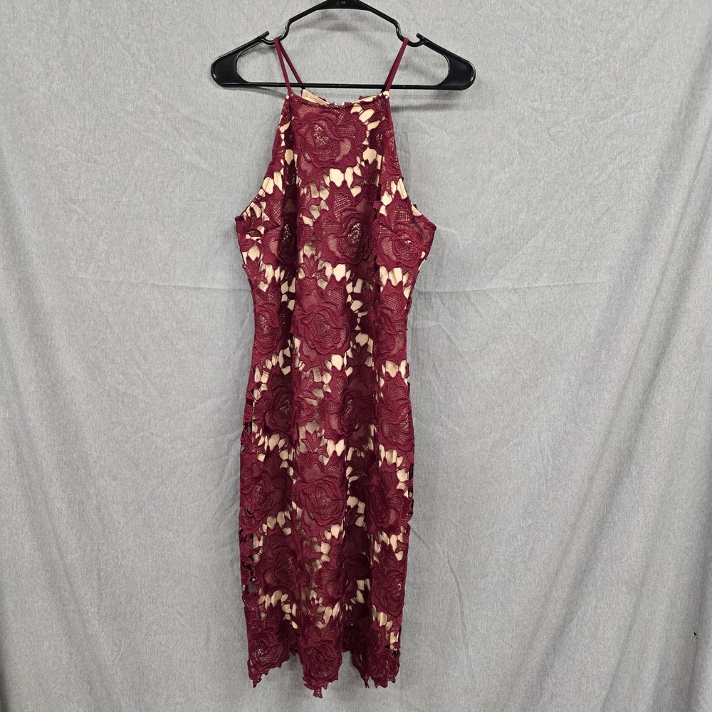 Lulus Burgundy Floral Crochet‎ Lace Halter Sheath Dress Maroon Size M